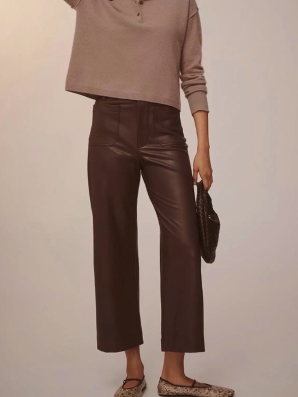 Maeve Anthropologie brown faux leather wide leg cropped pants, size 29T - Picture 1 of 9